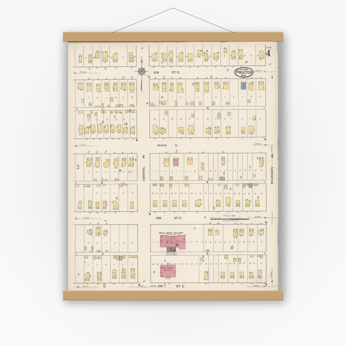 Old map wall art mockup — magnetic wood frame on white wall — Sanborn Fire Insurance Map from Proctor, Saint Louis County, Minnesota (1922), Sheet #0004