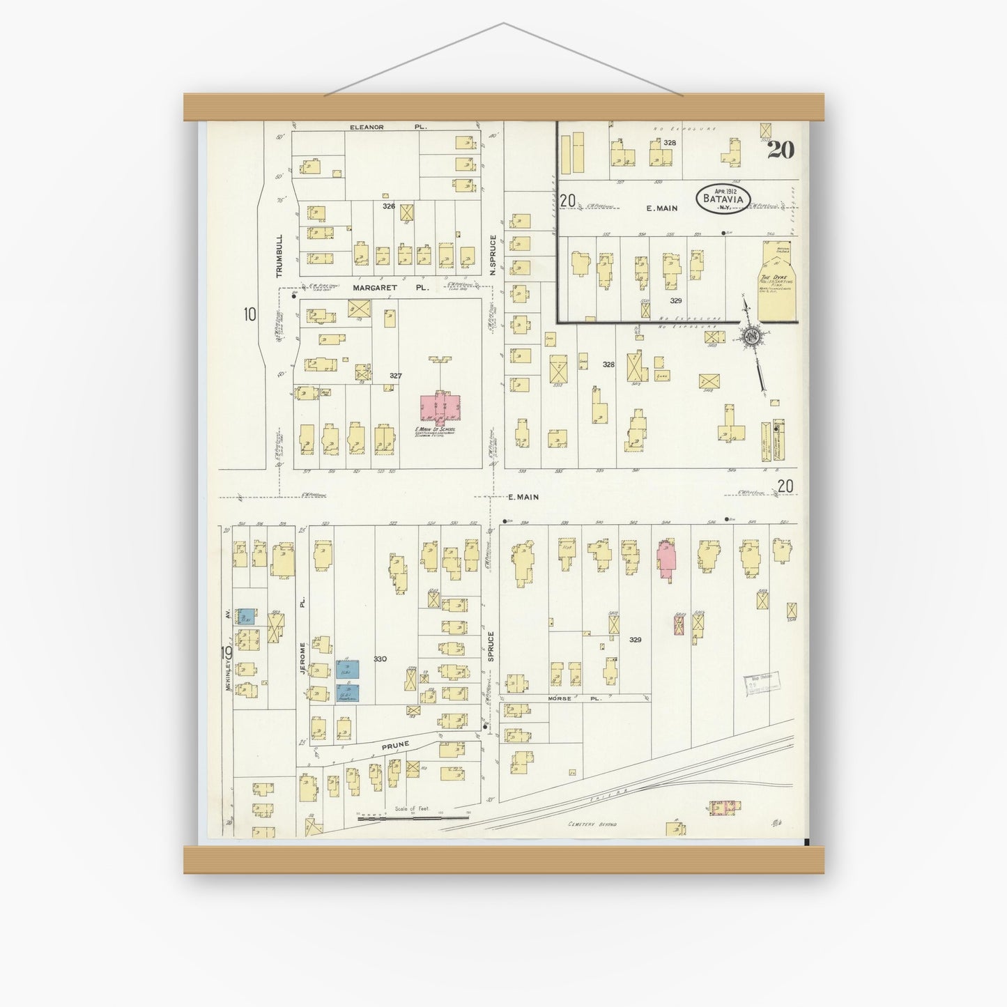 Old map wall art mockup — magnetic wood frame on white wall — Sanborn Fire Insurance Map from Batavia, Genesee County, New York (1912), Sheet #0020
