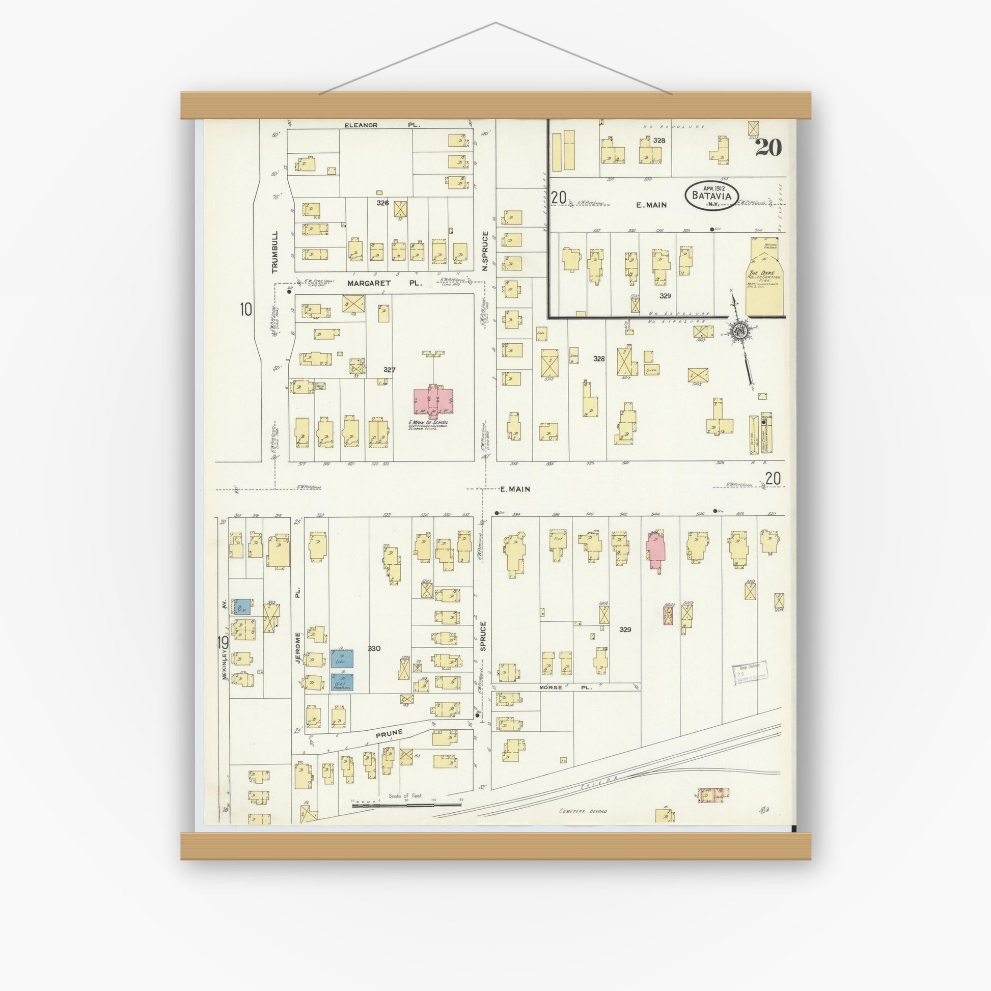 Old map wall art mockup — magnetic wood frame on white wall — Sanborn Fire Insurance Map from Batavia, Genesee County, New York (1912), Sheet #0020