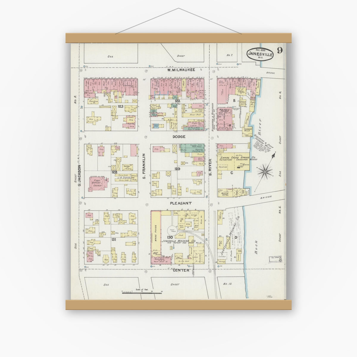 Old map wall art mockup — magnetic wood frame on white wall — Sanborn Fire Insurance Map from Janesville, Rock County, Wisconsin (1890), Sheet #0009