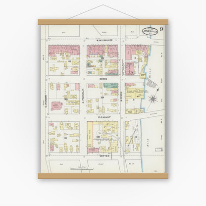 Old map wall art mockup — magnetic wood frame on white wall — Sanborn Fire Insurance Map from Janesville, Rock County, Wisconsin (1890), Sheet #0009
