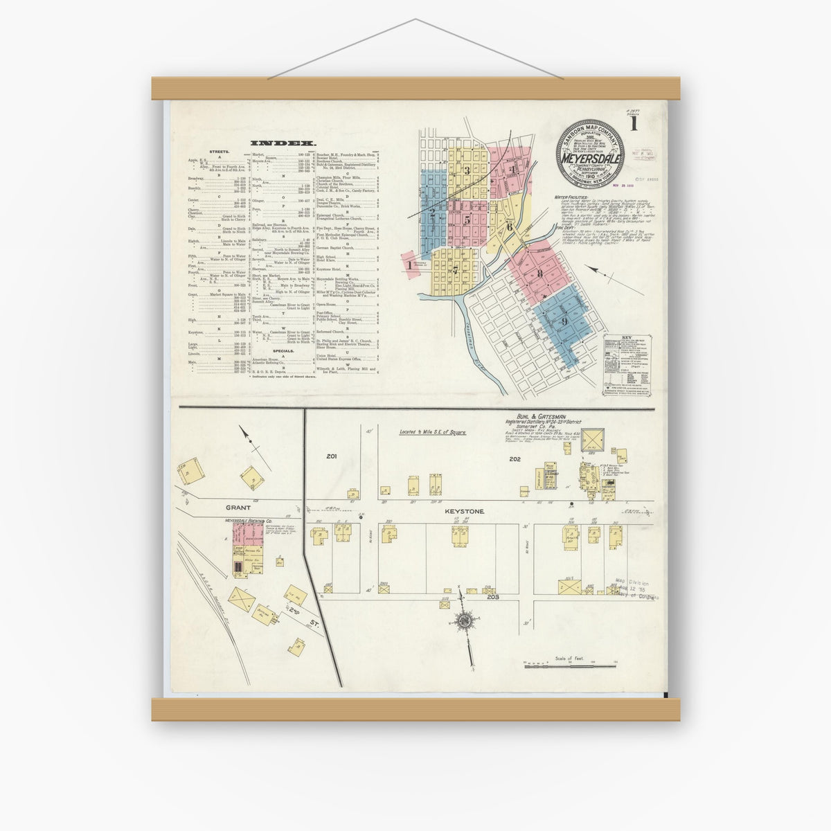 Old map wall art mockup — magnetic wood frame on white wall — Sanborn Fire Insurance Map from Meyersdale, Somerset County, Pennsylvania (1910), Sheet #0001