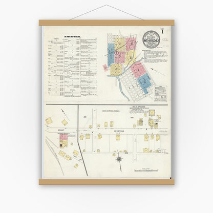 Old map wall art mockup — magnetic wood frame on white wall — Sanborn Fire Insurance Map from Meyersdale, Somerset County, Pennsylvania (1910), Sheet #0001