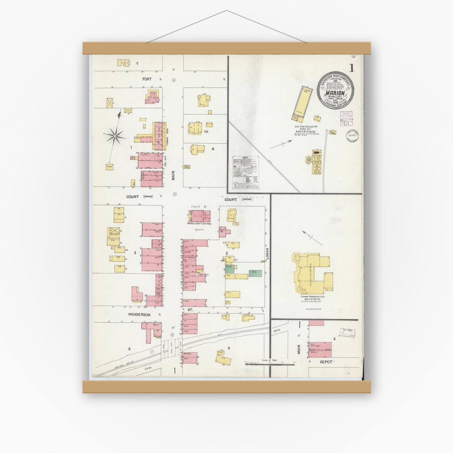 Old map wall art mockup — magnetic wood frame on white wall — Sanborn Fire Insurance Map from Marion, Mcdowell County, North Carolina (1902) - Complete Map Set
