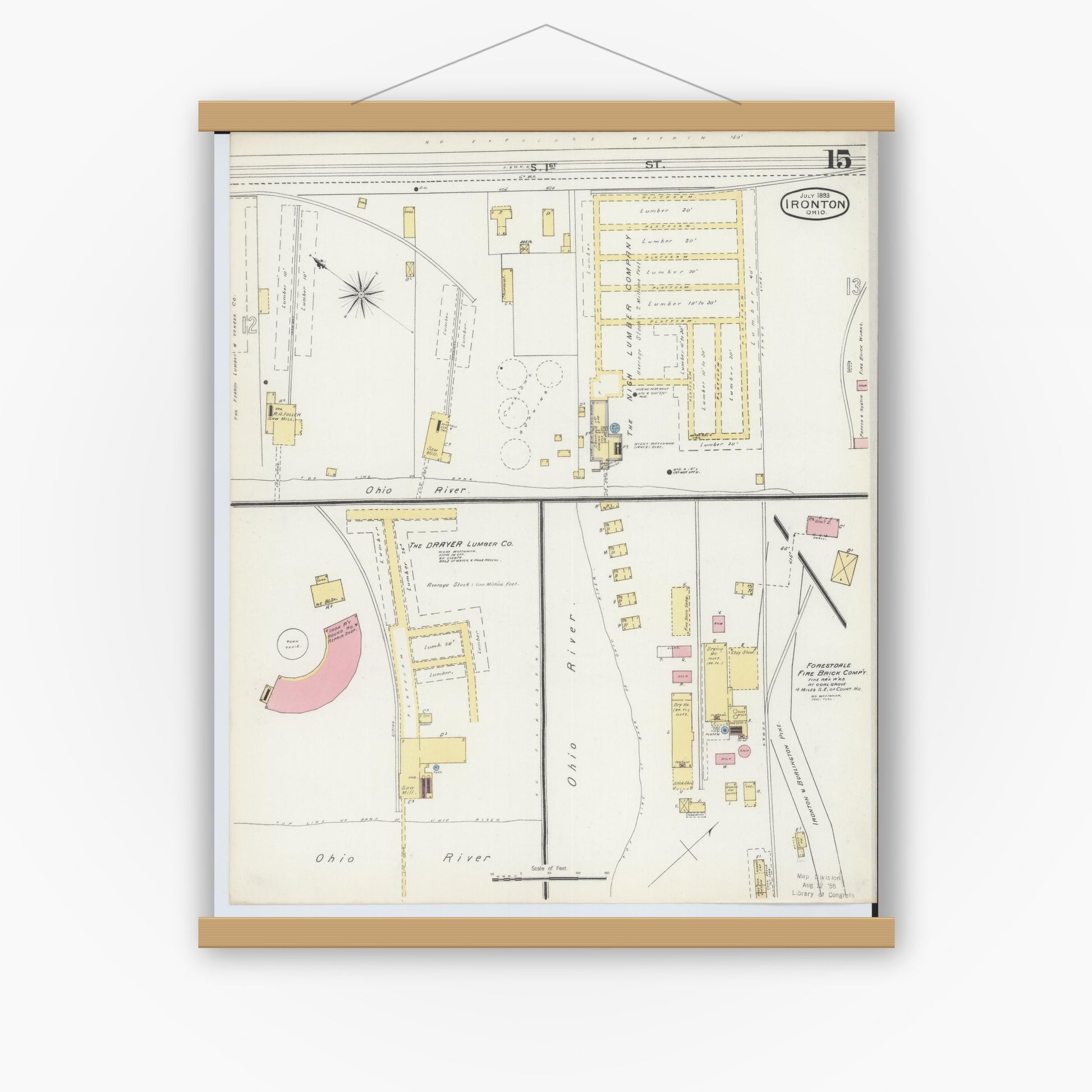 Old map wall art mockup — magnetic wood frame on white wall — Sanborn Fire Insurance Map from Ironton, Lawrence County, Ohio (1893), Sheet #0015