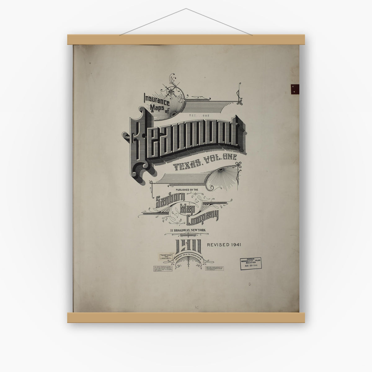 Old map wall art mockup — magnetic wood frame on white wall — Sanborn Fire Insurance Map from Beaumont, Jefferson County, Texas (1951), Sheet #0001