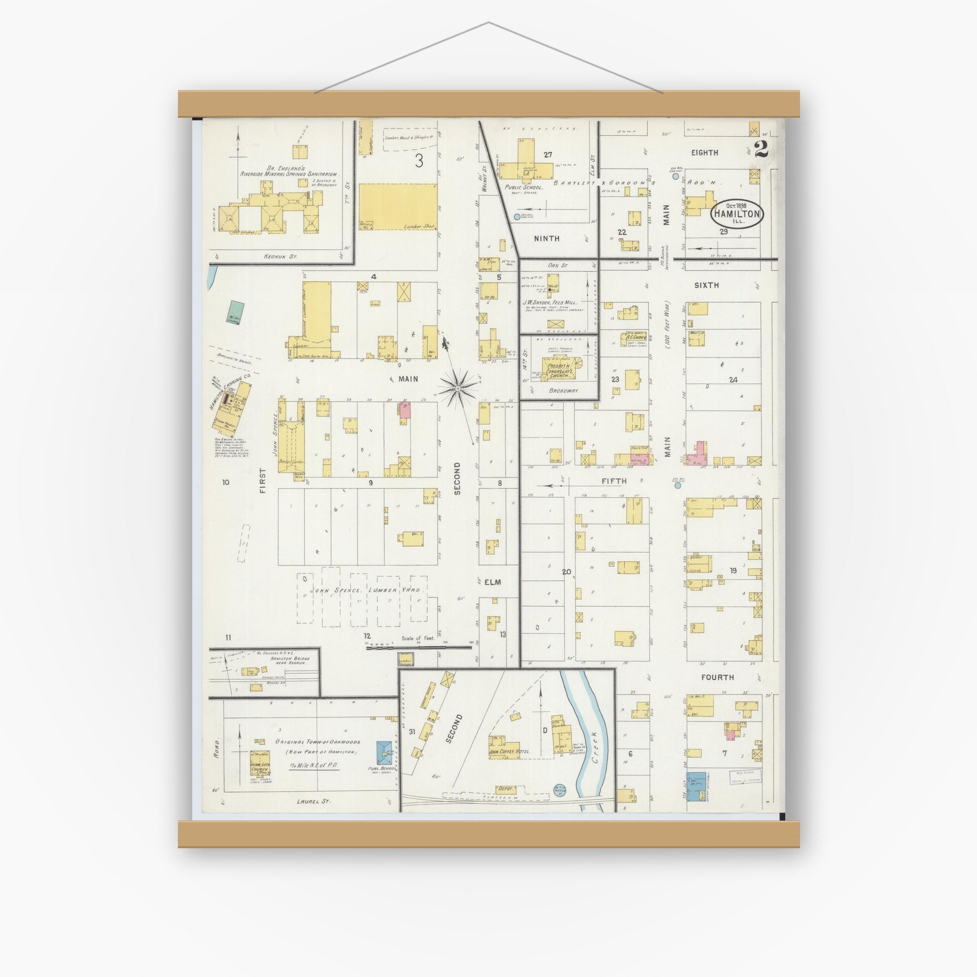 Old map wall art mockup — magnetic wood frame on white wall — Sanborn Fire Insurance Map from Hamilton, Hancock County, Illinois (1898), Sheet #0002