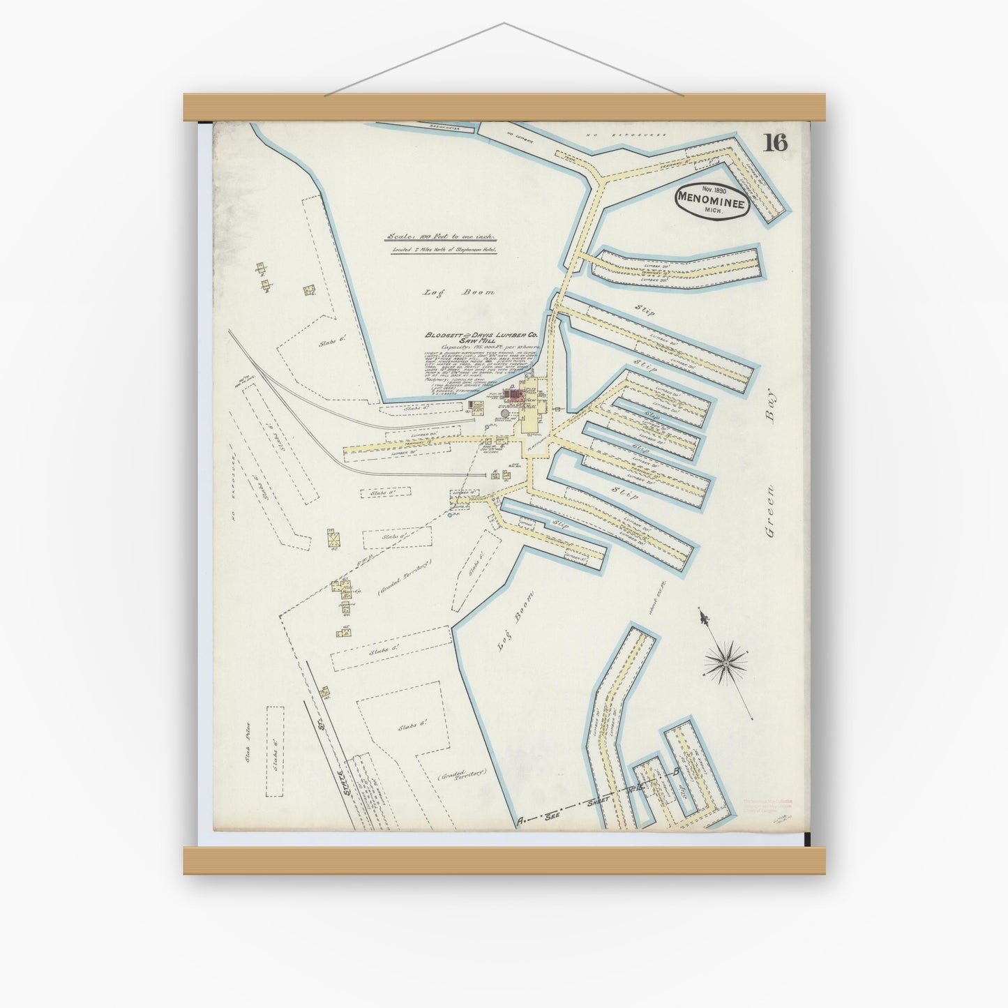 Old map wall art mockup — magnetic wood frame on white wall — Sanborn Fire Insurance Map from Menominee, Menominee County, Michigan (1890), Sheet #0016