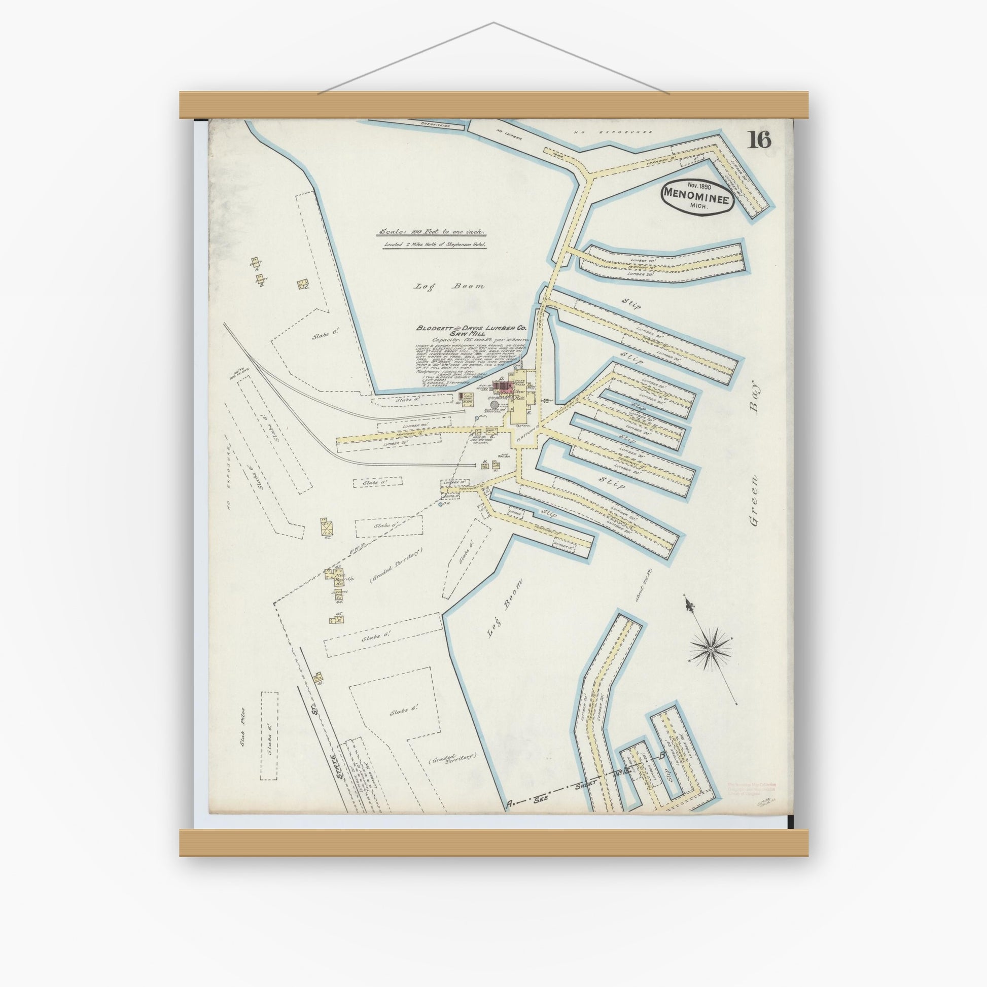 Old map wall art mockup — magnetic wood frame on white wall — Sanborn Fire Insurance Map from Menominee, Menominee County, Michigan (1890), Sheet #0016