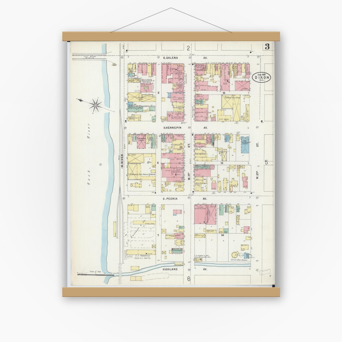 Old map wall art mockup — magnetic wood frame on white wall — Sanborn Fire Insurance Map from Dixon, Lee County, Illinois (1897), Sheet #0003