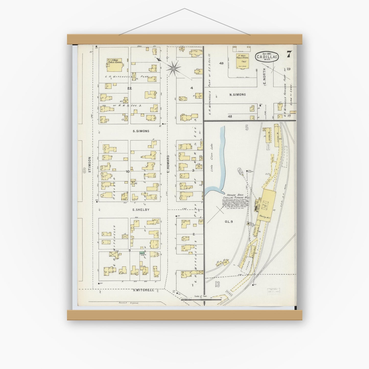 Old map wall art mockup — magnetic wood frame on white wall — Sanborn Fire Insurance Map from Cadillac, Wexford County, Michigan (1895), Sheet #0007