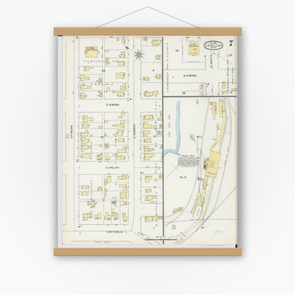 Old map wall art mockup — magnetic wood frame on white wall — Sanborn Fire Insurance Map from Cadillac, Wexford County, Michigan (1895), Sheet #0007