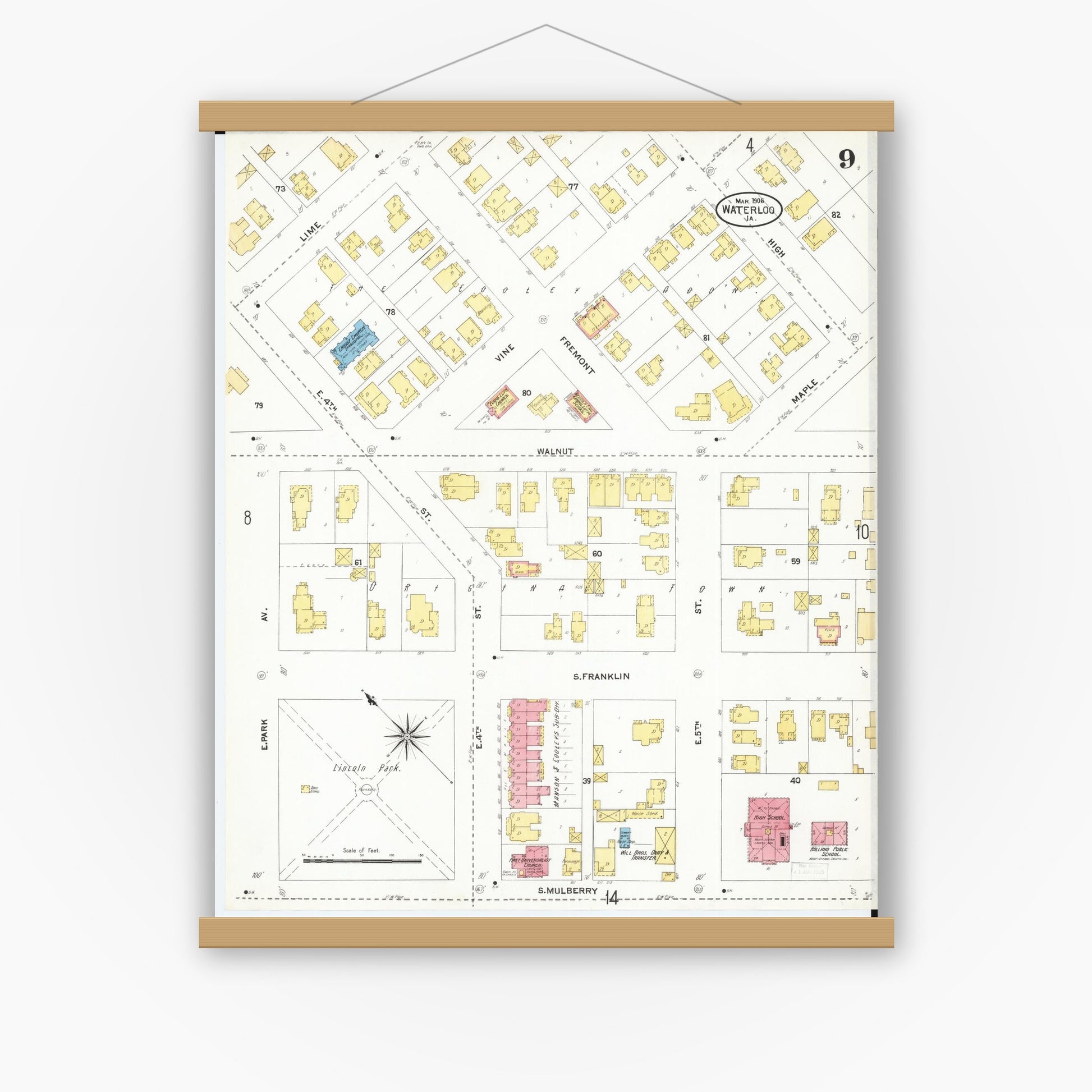 Old map wall art mockup — magnetic wood frame on white wall — Sanborn Fire Insurance Map from Waterloo, Black Hawk County, Iowa (1906), Sheet #0009