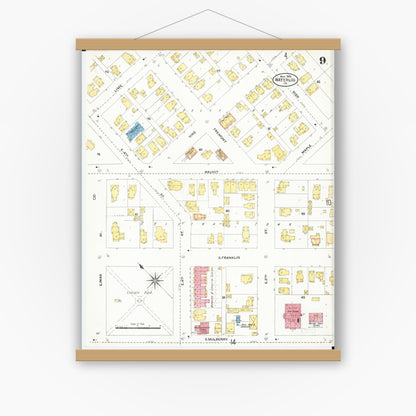 Old map wall art mockup — magnetic wood frame on white wall — Sanborn Fire Insurance Map from Waterloo, Black Hawk County, Iowa (1906), Sheet #0009