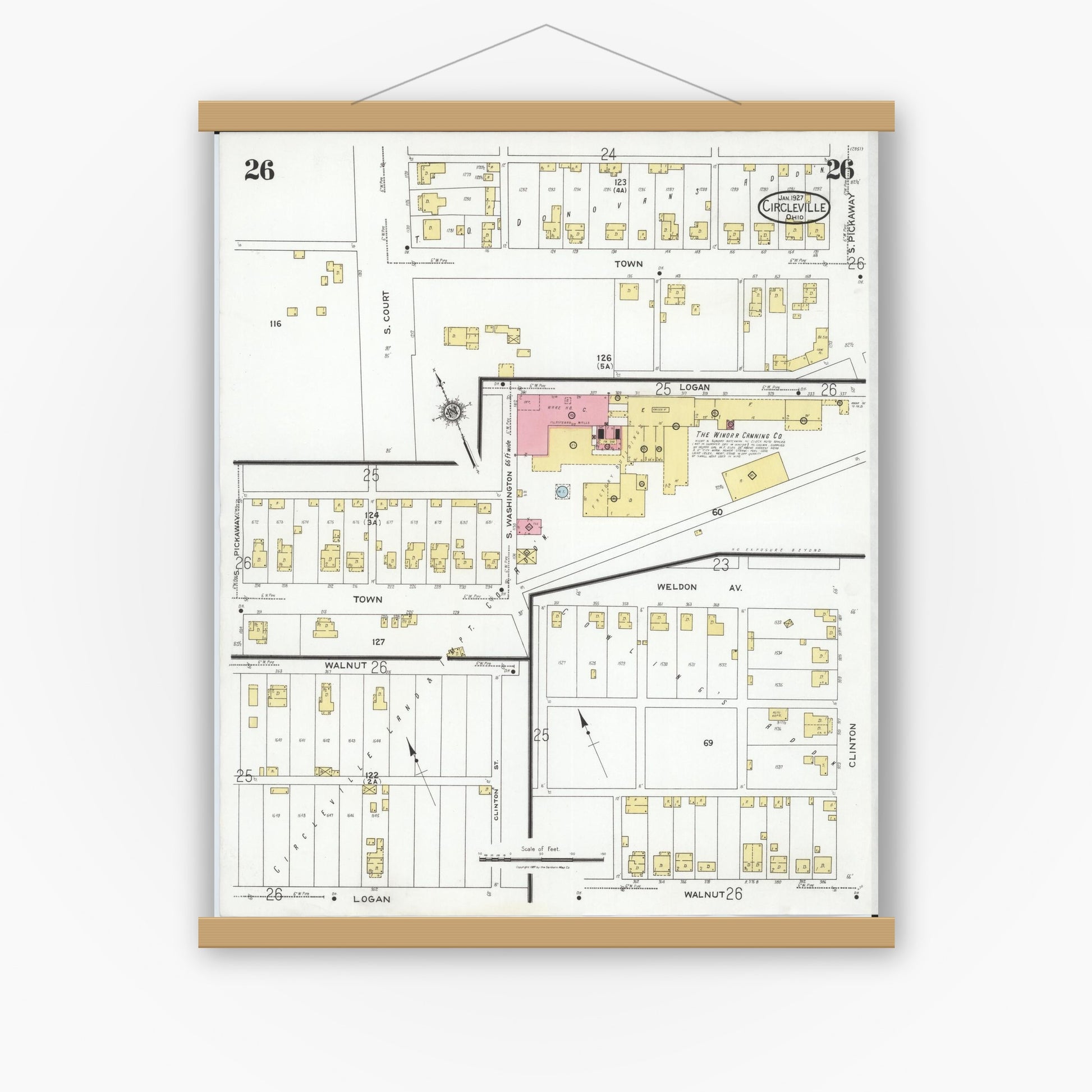Old map wall art mockup — magnetic wood frame on white wall — Sanborn Fire Insurance Map from Circleville, Pickaway County, Ohio (1927), Sheet #0026