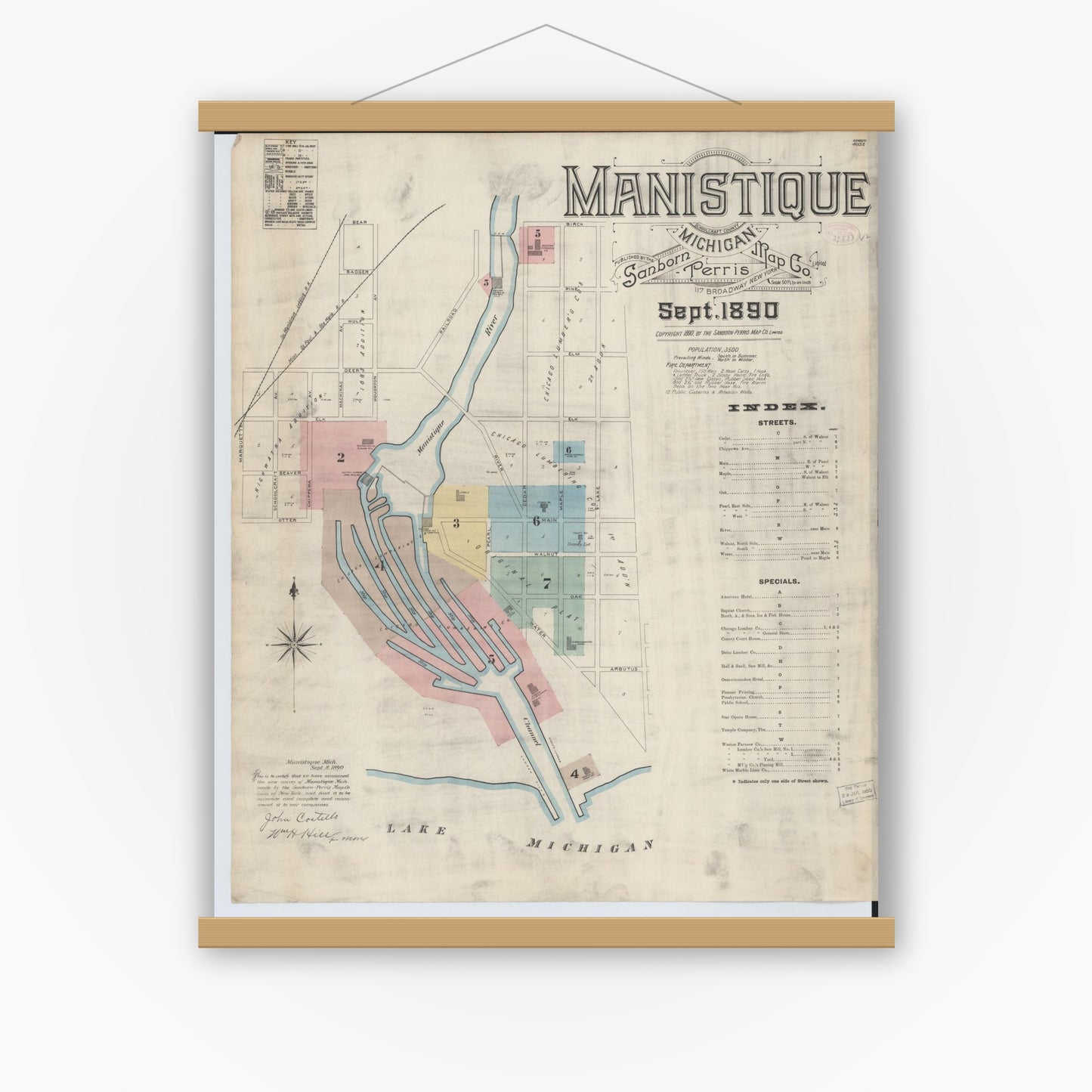 Old map wall art mockup — magnetic wood frame on white wall — Sanborn Fire Insurance Map from Manistique, Schoolcraft County, Michigan (1890) - Complete Map Set