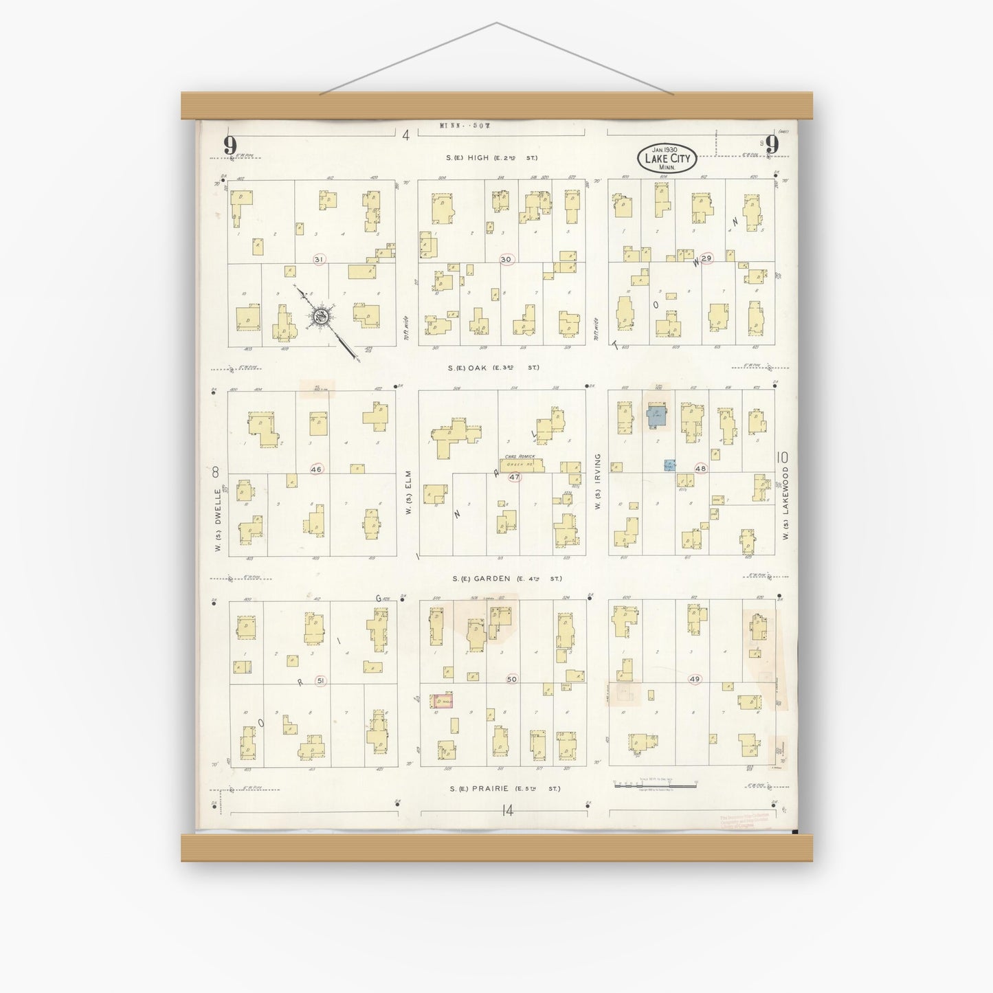 Old map wall art mockup — magnetic wood frame on white wall — Sanborn Fire Insurance Map from Lake City, Wabasha County, Minnesota (1938), Sheet #0009