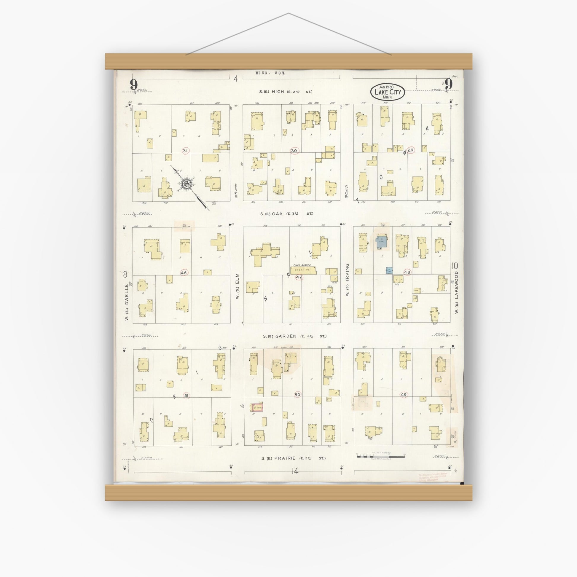 Old map wall art mockup — magnetic wood frame on white wall — Sanborn Fire Insurance Map from Lake City, Wabasha County, Minnesota (1938), Sheet #0009