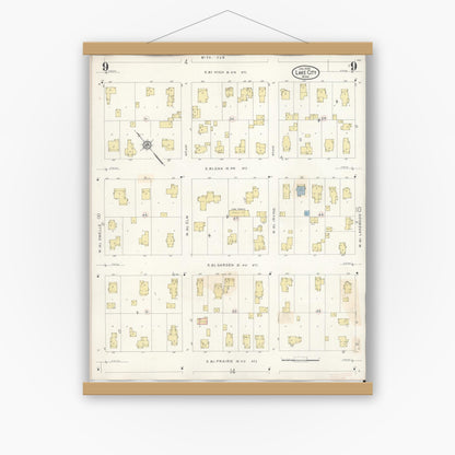 Old map wall art mockup — magnetic wood frame on white wall — Sanborn Fire Insurance Map from Lake City, Wabasha County, Minnesota (1938), Sheet #0009