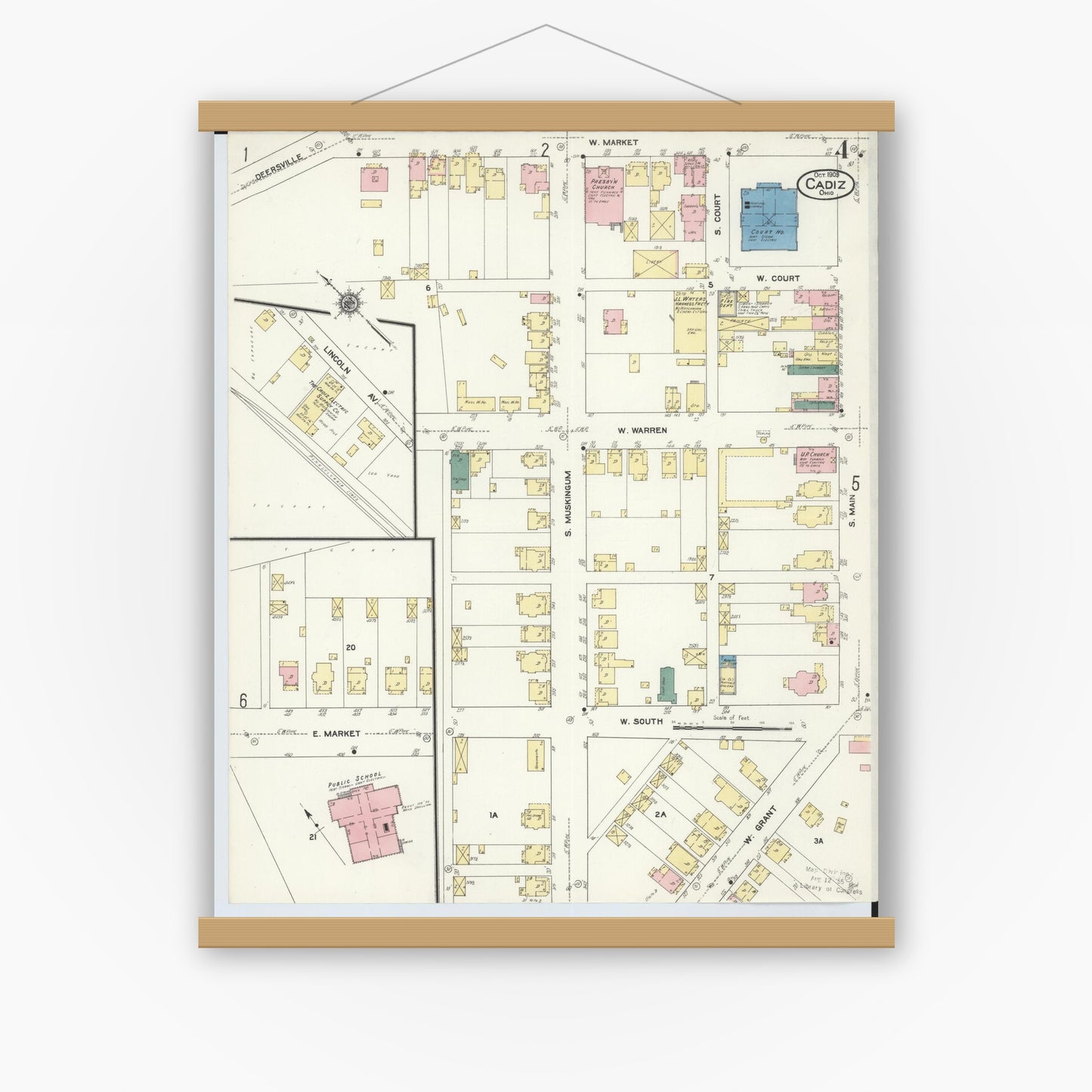 Old map wall art mockup — magnetic wood frame on white wall — Sanborn Fire Insurance Map from Cadiz, Harrison County, Ohio (1909), Sheet #0004