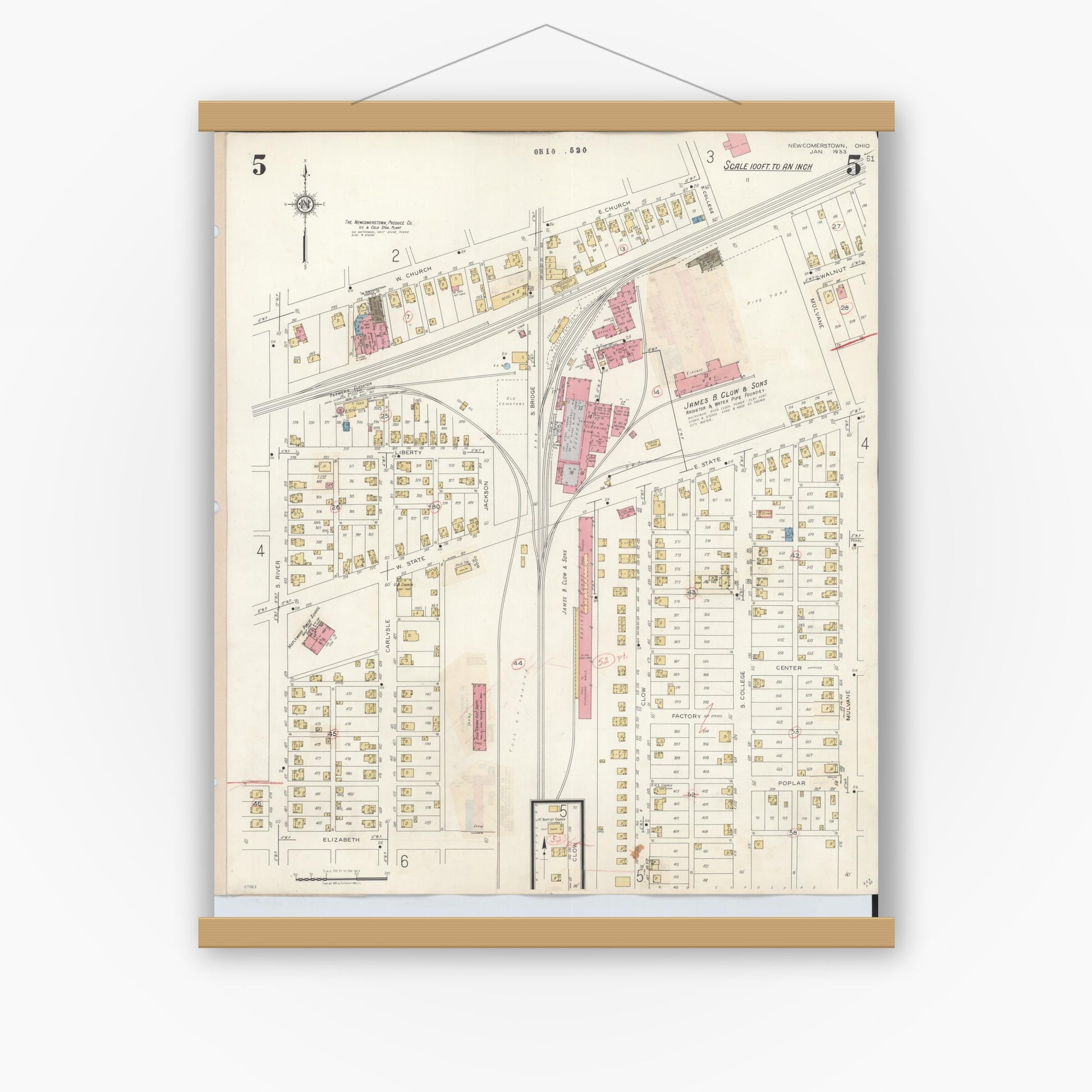 Old map wall art mockup — magnetic wood frame on white wall — Sanborn Fire Insurance Map from Newcomerstown, Tuscarawas County, Ohio (1933), Sheet #0005