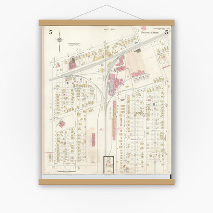 Old map wall art mockup — magnetic wood frame on white wall — Sanborn Fire Insurance Map from Newcomerstown, Tuscarawas County, Ohio (1933), Sheet #0005