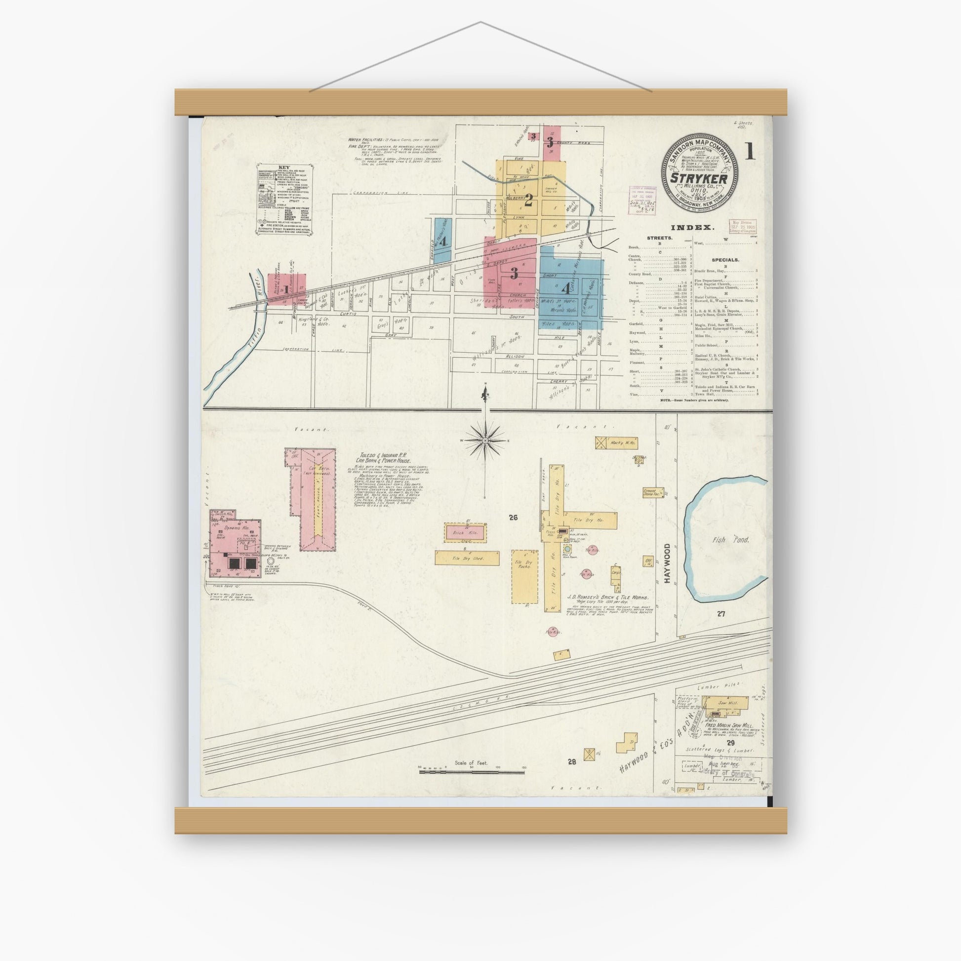 Old map wall art mockup — magnetic wood frame on white wall — Sanborn Fire Insurance Map from Stryker, Williams County, Ohio (1905), Sheet #0001