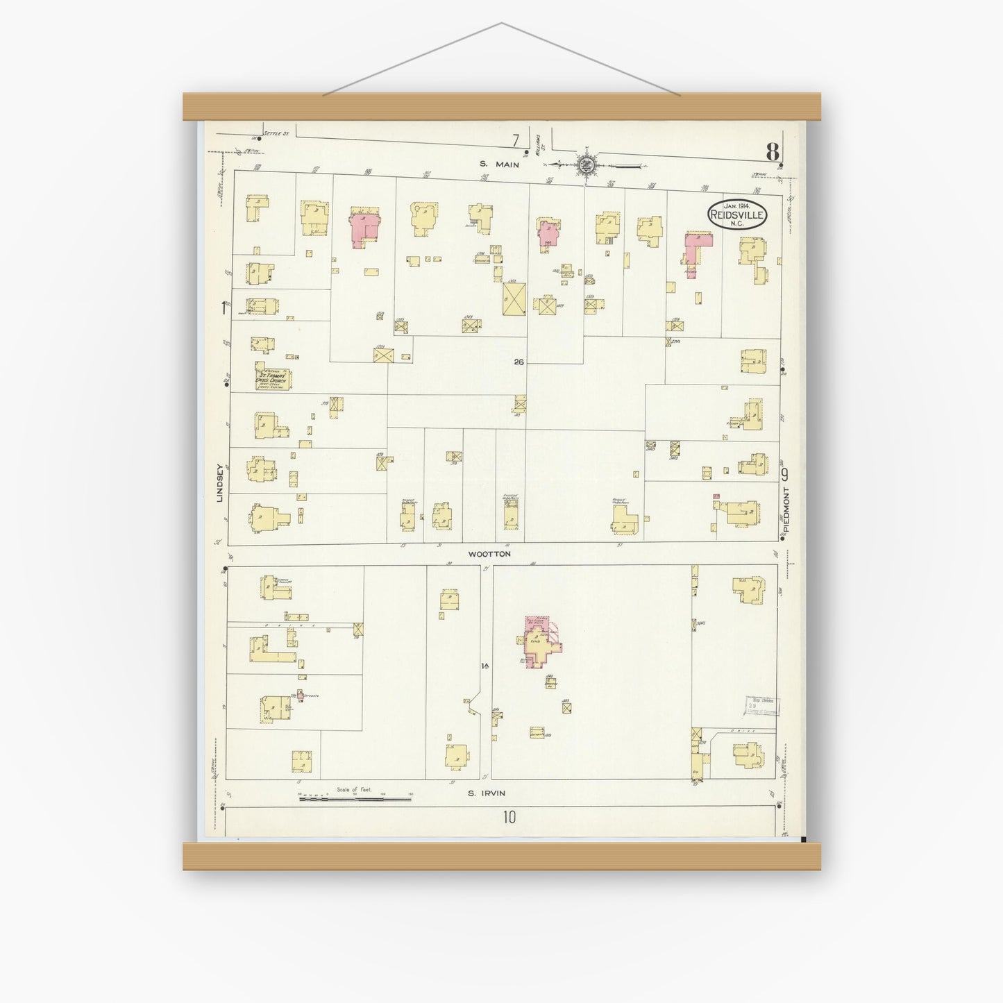 Old map wall art mockup — magnetic wood frame on white wall — Sanborn Fire Insurance Map from Reidsville, Rockingham County, North Carolina (1914), Sheet #0008