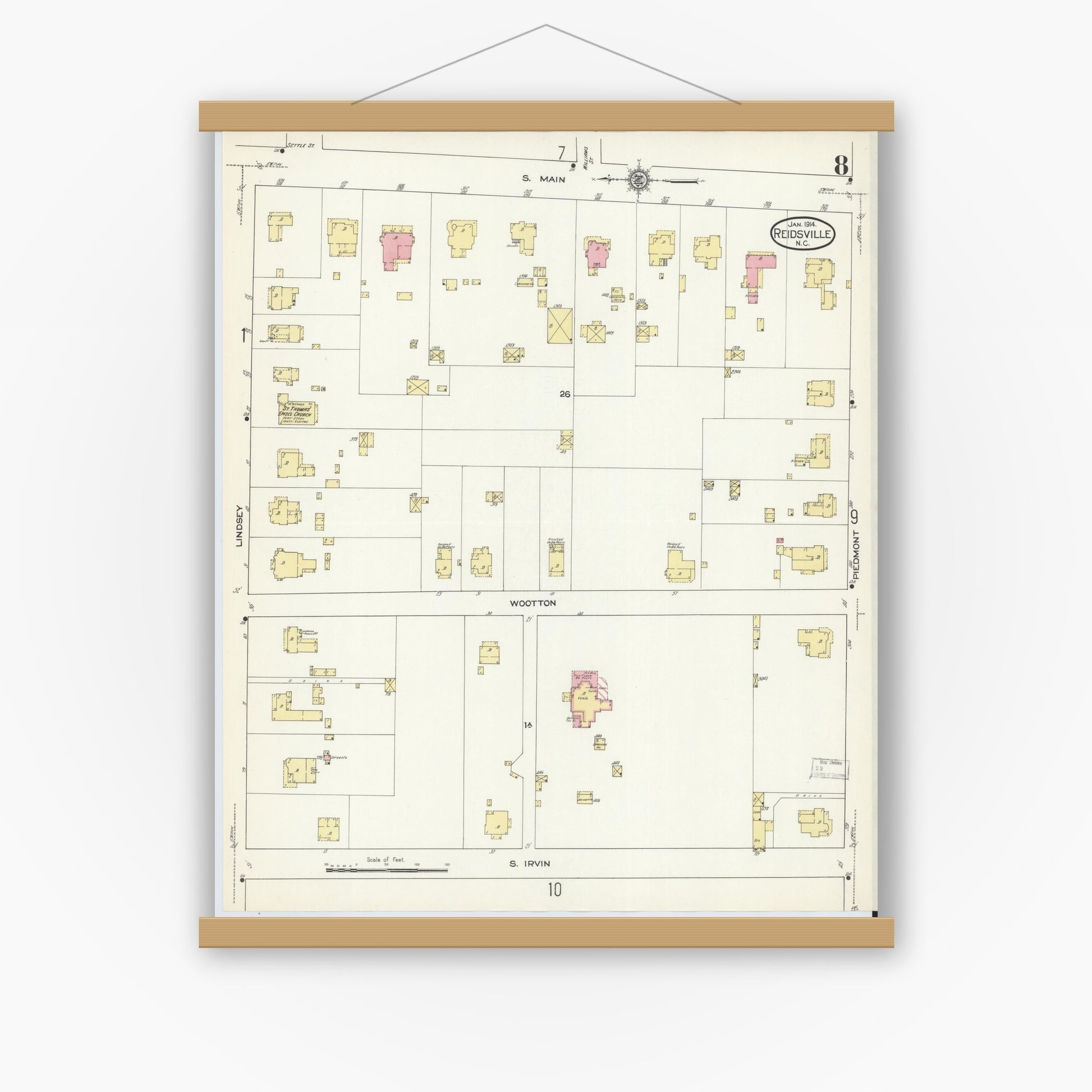 Old map wall art mockup — magnetic wood frame on white wall — Sanborn Fire Insurance Map from Reidsville, Rockingham County, North Carolina (1914), Sheet #0008