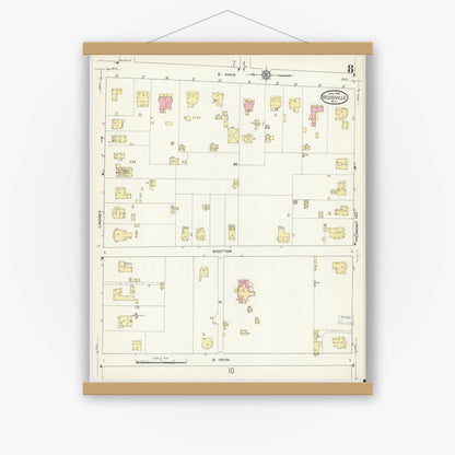Old map wall art mockup — magnetic wood frame on white wall — Sanborn Fire Insurance Map from Reidsville, Rockingham County, North Carolina (1914), Sheet #0008