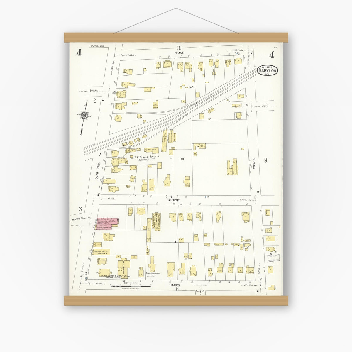 Old map wall art mockup — magnetic wood frame on white wall — Sanborn Fire Insurance Map from Babylon, Suffolk County, New York (1923), Sheet #0004