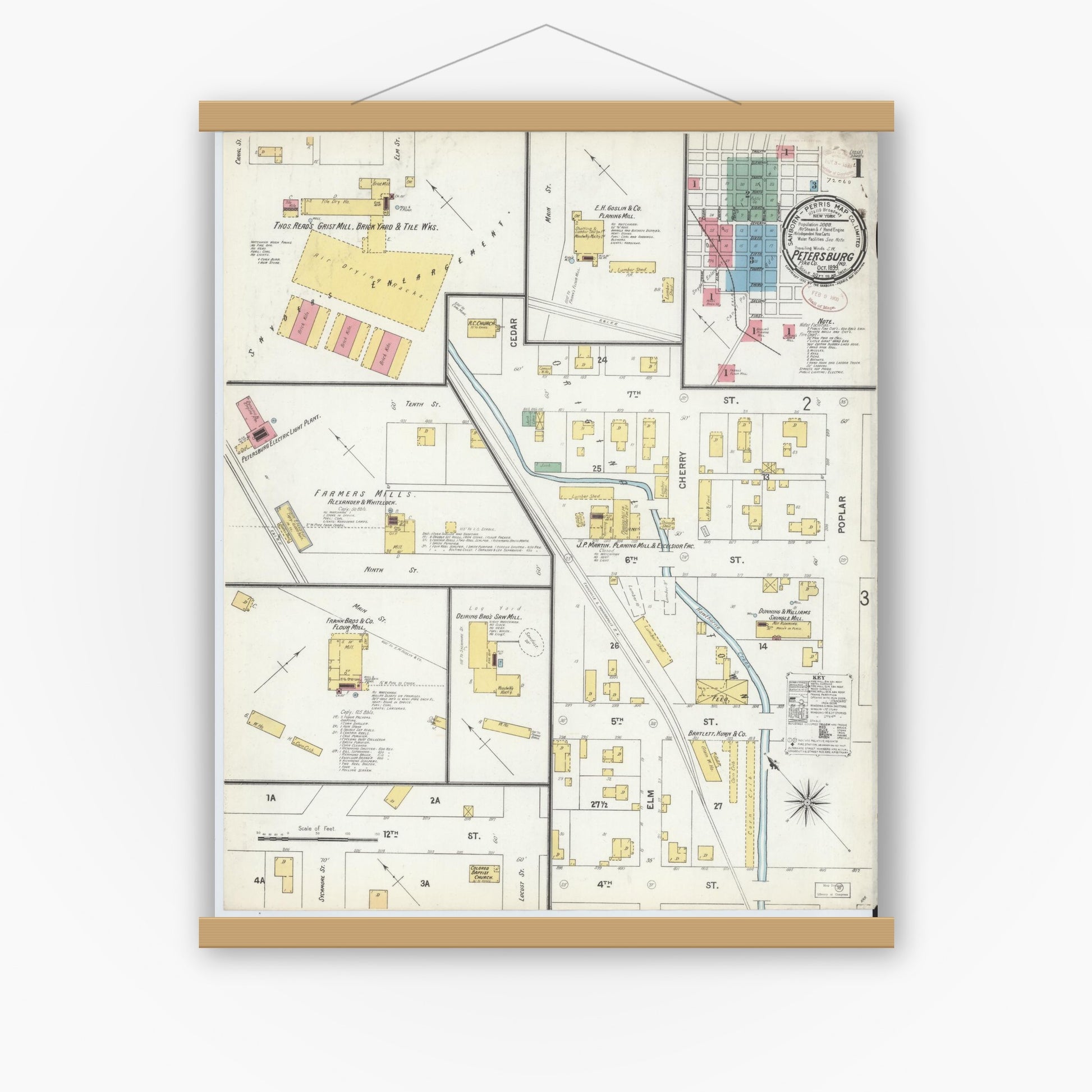Old map wall art mockup — magnetic wood frame on white wall — Sanborn Fire Insurance Map from Petersburg, Pike County, Indiana (1899) - Complete Map Set