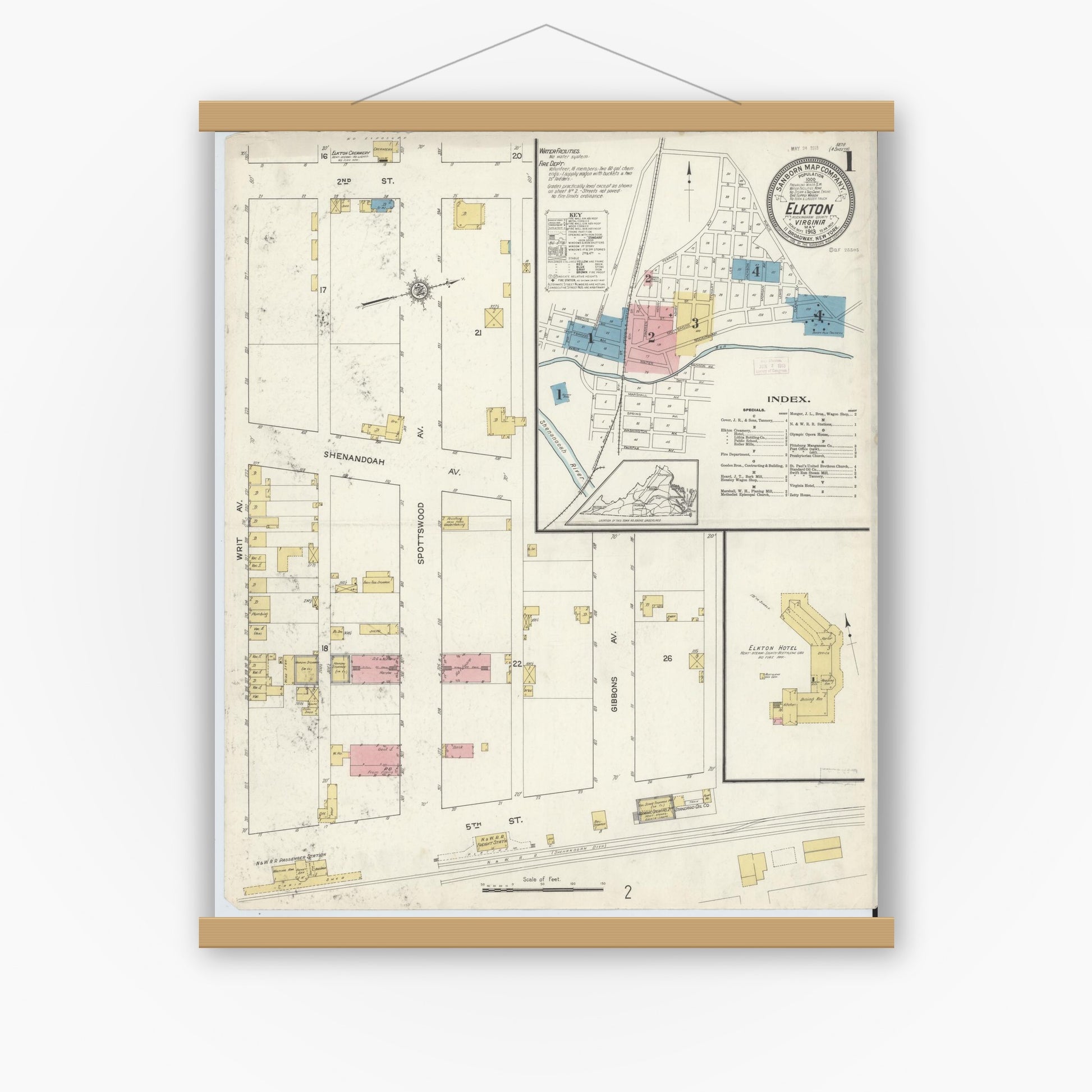 Old map wall art mockup — magnetic wood frame on white wall — Sanborn Fire Insurance Map from Elkton, Rockingham County, Virginia (1913), Sheet #0001