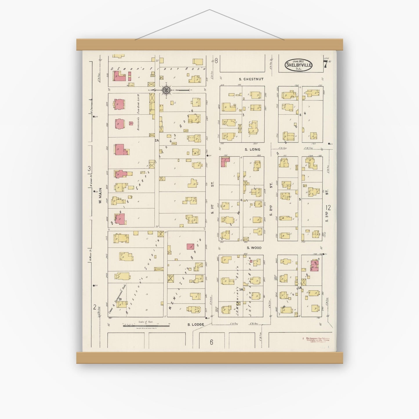 Old map wall art mockup — magnetic wood frame on white wall — Sanborn Fire Insurance Map from Shelbyville, Shelby County, Illinois (1922), Sheet #0007