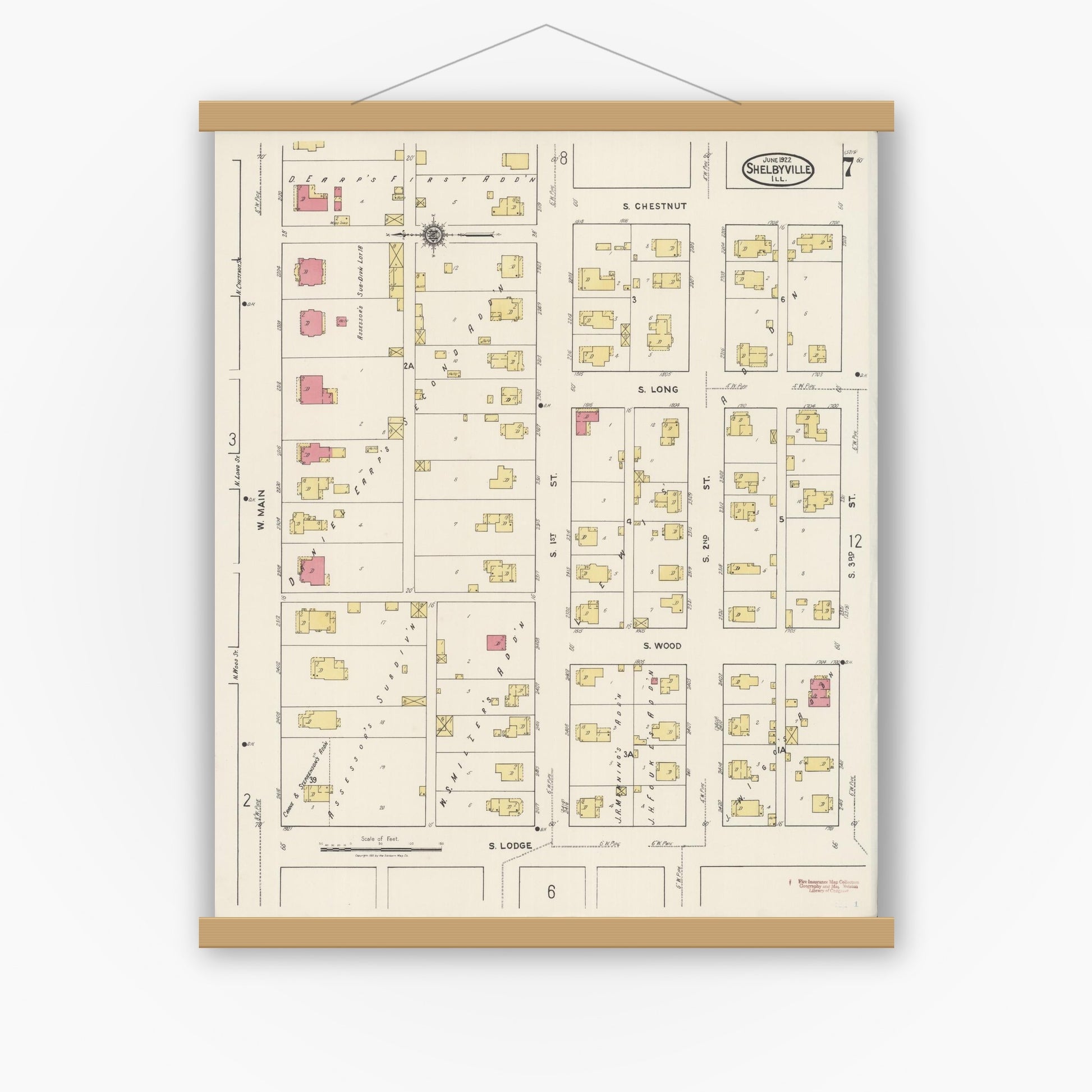 Old map wall art mockup — magnetic wood frame on white wall — Sanborn Fire Insurance Map from Shelbyville, Shelby County, Illinois (1922), Sheet #0007