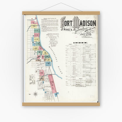 Old map wall art mockup — magnetic wood frame on white wall — Sanborn Fire Insurance Map from Fort Madison, Lee County, Iowa (1894) â€” Complete Set