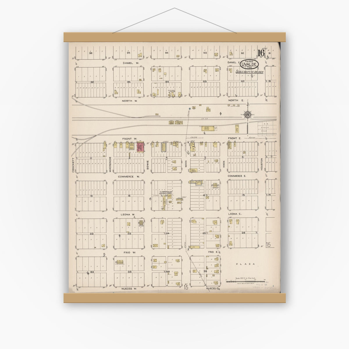 Old map wall art mockup — magnetic wood frame on white wall — Sanborn Fire Insurance Map from Uvalde, Uvalde County, Texas (1922), Sheet #0016