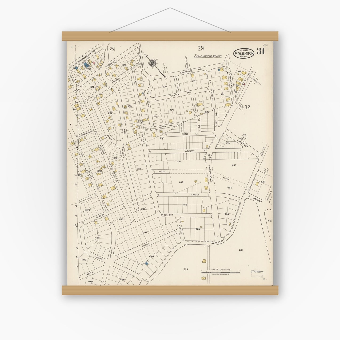 Old map wall art mockup — magnetic wood frame on white wall — Sanborn Fire Insurance Map from Arlington, Middlesex County, Massachusetts (1922), Sheet #0031