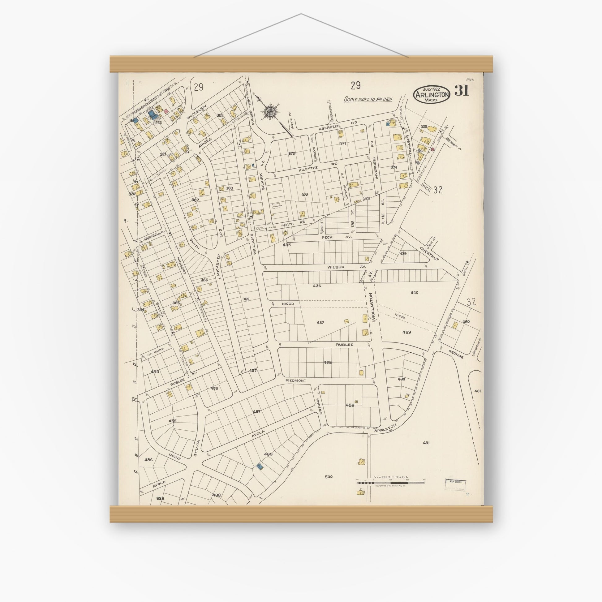 Old map wall art mockup — magnetic wood frame on white wall — Sanborn Fire Insurance Map from Arlington, Middlesex County, Massachusetts (1922), Sheet #0031