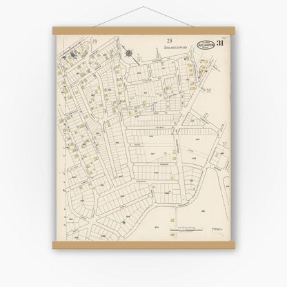 Old map wall art mockup — magnetic wood frame on white wall — Sanborn Fire Insurance Map from Arlington, Middlesex County, Massachusetts (1922), Sheet #0031