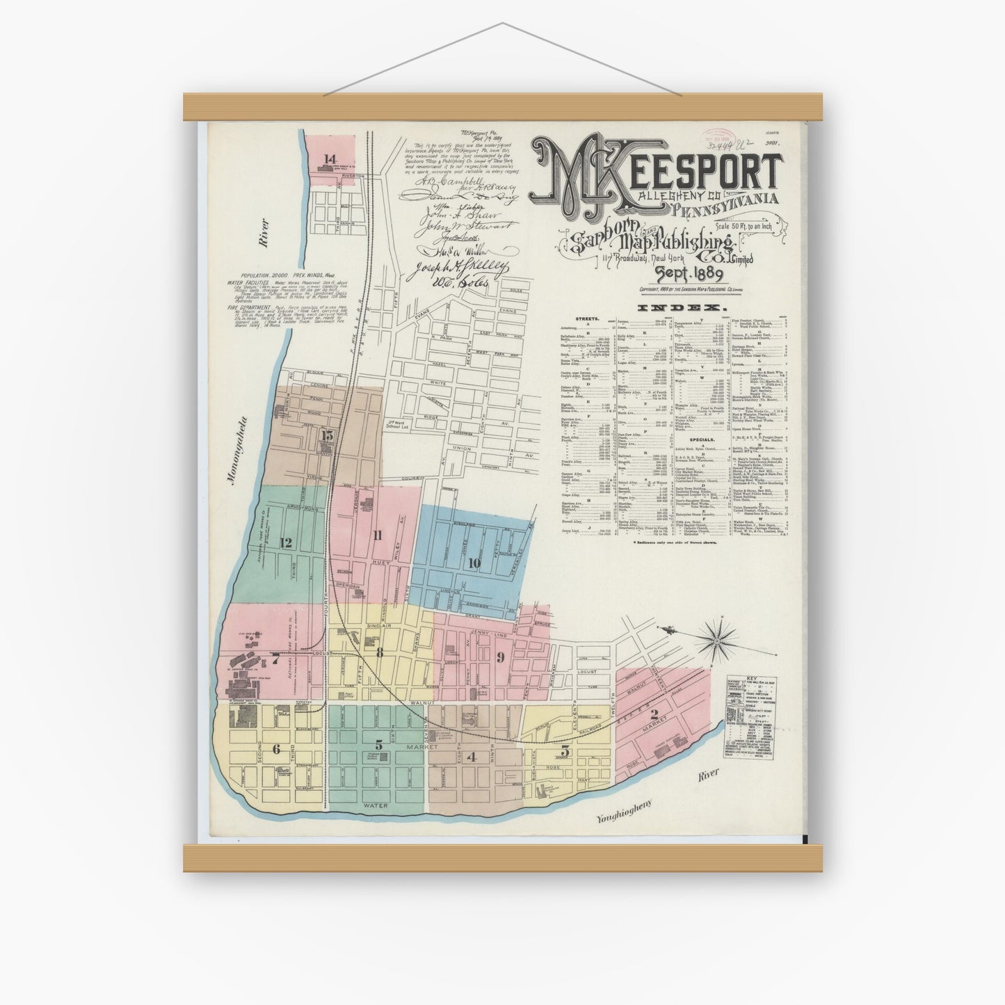 Old map wall art mockup — magnetic wood frame on white wall — Sanborn Fire Insurance Map from McKeesport, Allegheny County, Pennsylvania (1889) - Complete Map Set