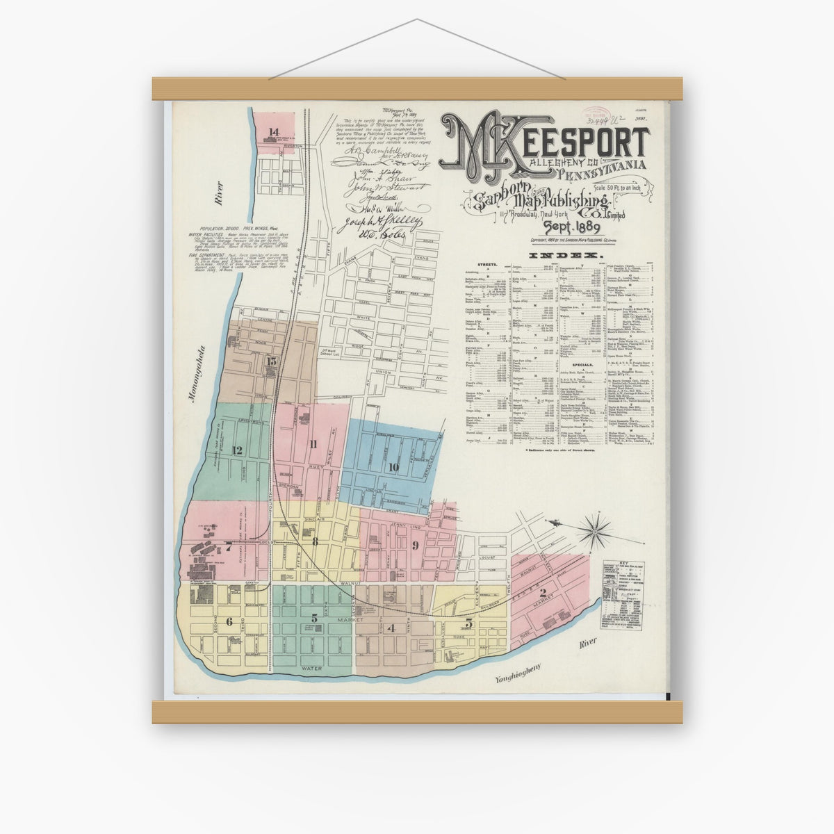 Old map wall art mockup — magnetic wood frame on white wall — Sanborn Fire Insurance Map from McKeesport, Allegheny County, Pennsylvania (1889) - Complete Map Set