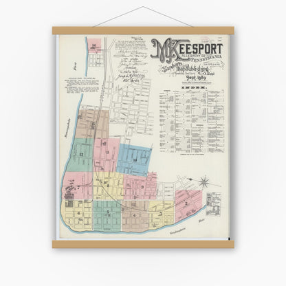 Old map wall art mockup — magnetic wood frame on white wall — Sanborn Fire Insurance Map from McKeesport, Allegheny County, Pennsylvania (1889) - Complete Map Set