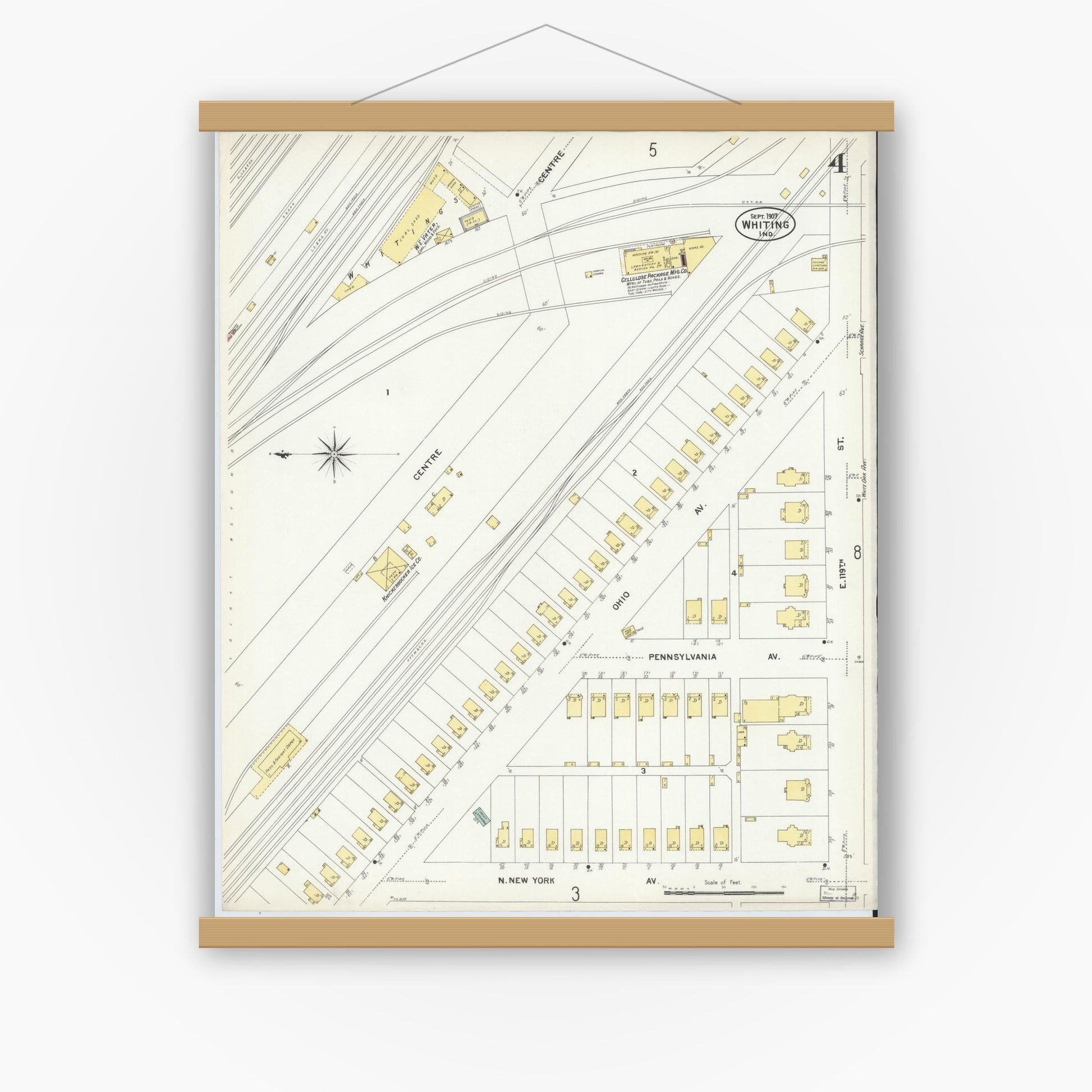 Old map wall art mockup — magnetic wood frame on white wall — Sanborn Fire Insurance Map from Whiting, Lake County, Indiana (1907), Sheet #0004