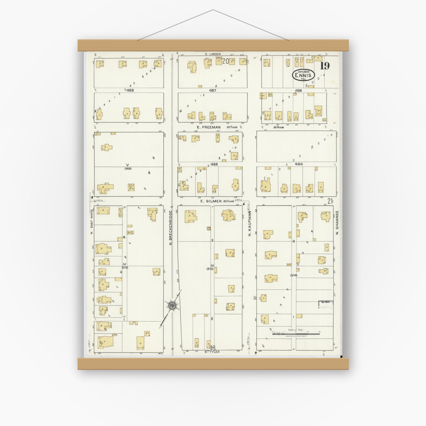 Old map wall art mockup — magnetic wood frame on white wall — Sanborn Fire Insurance Map from Ennis, Ellis County, Texas (1920), Sheet #0019