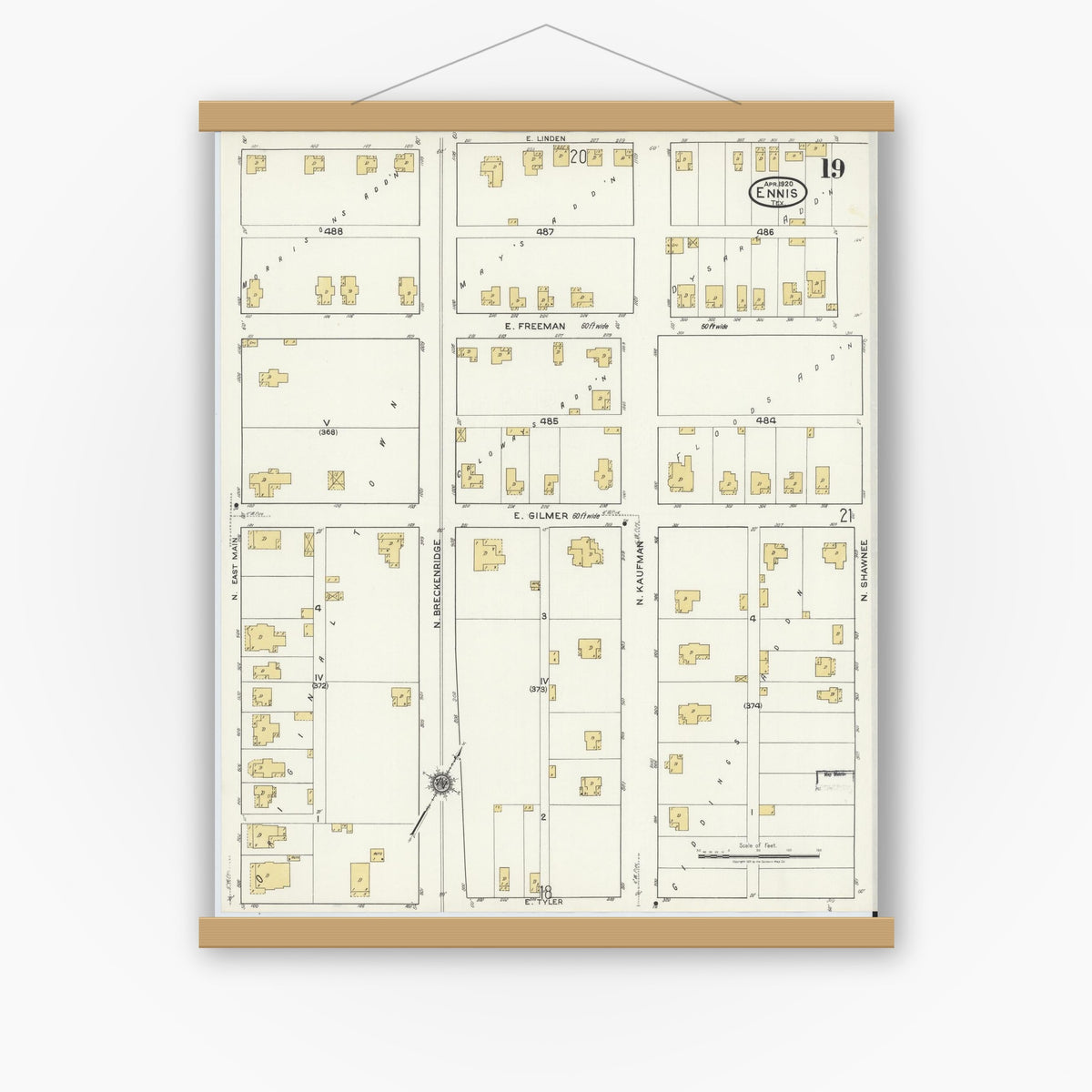 Old map wall art mockup — magnetic wood frame on white wall — Sanborn Fire Insurance Map from Ennis, Ellis County, Texas (1920), Sheet #0019
