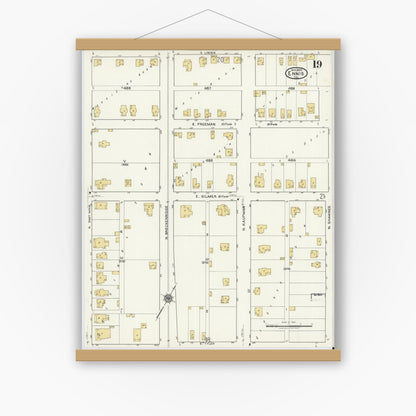 Old map wall art mockup — magnetic wood frame on white wall — Sanborn Fire Insurance Map from Ennis, Ellis County, Texas (1920), Sheet #0019