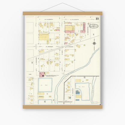 Old map wall art mockup — magnetic wood frame on white wall — Sanborn Fire Insurance Map from Columbia City, Whitley County, Indiana (1910), Sheet #0010