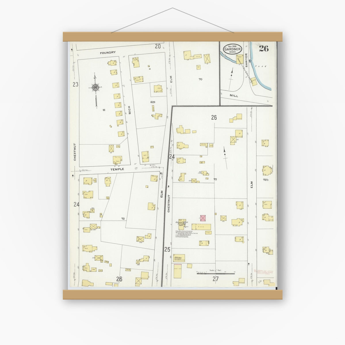 Old map wall art mockup — magnetic wood frame on white wall — Sanborn Fire Insurance Map from Gardner, Worcester County, Massachusetts (1909), Sheet #0026