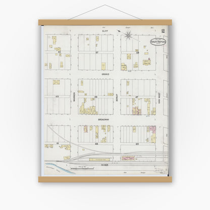 Old map wall art mockup — magnetic wood frame on white wall — Sanborn Fire Insurance Map from Sauk Rapids, Benton County, Minnesota (1889), Sheet #0002